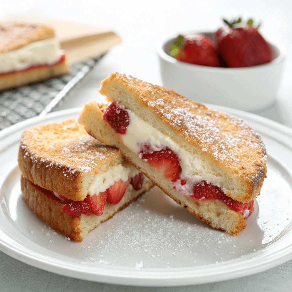Fried Strawberry Cheesecake Sandwiches 3 Fried strawberry cheesecake sandwich halves on a simple white plate.