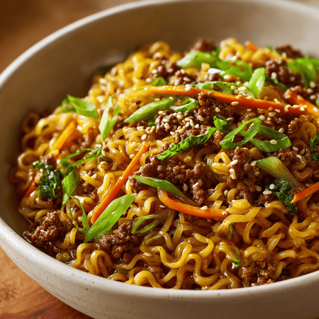Slow Cooker Beef Ramen Noodles: Tender, Flavor-Packed Comfort 4 Close-up bowl of Slow Cooker Beef Ramen Noodles with beef, sesame seeds, and green onions.