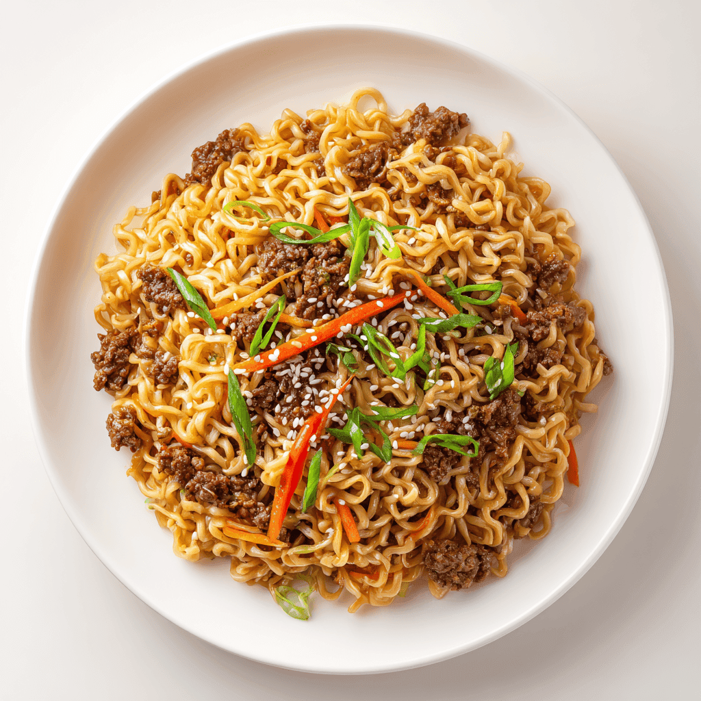 Slow Cooker Beef Ramen Noodles: Tender, Flavor-Packed Comfort 2 Slow Cooker Beef Ramen Noodles neatly served on a white plate with sesame seeds and green onions.