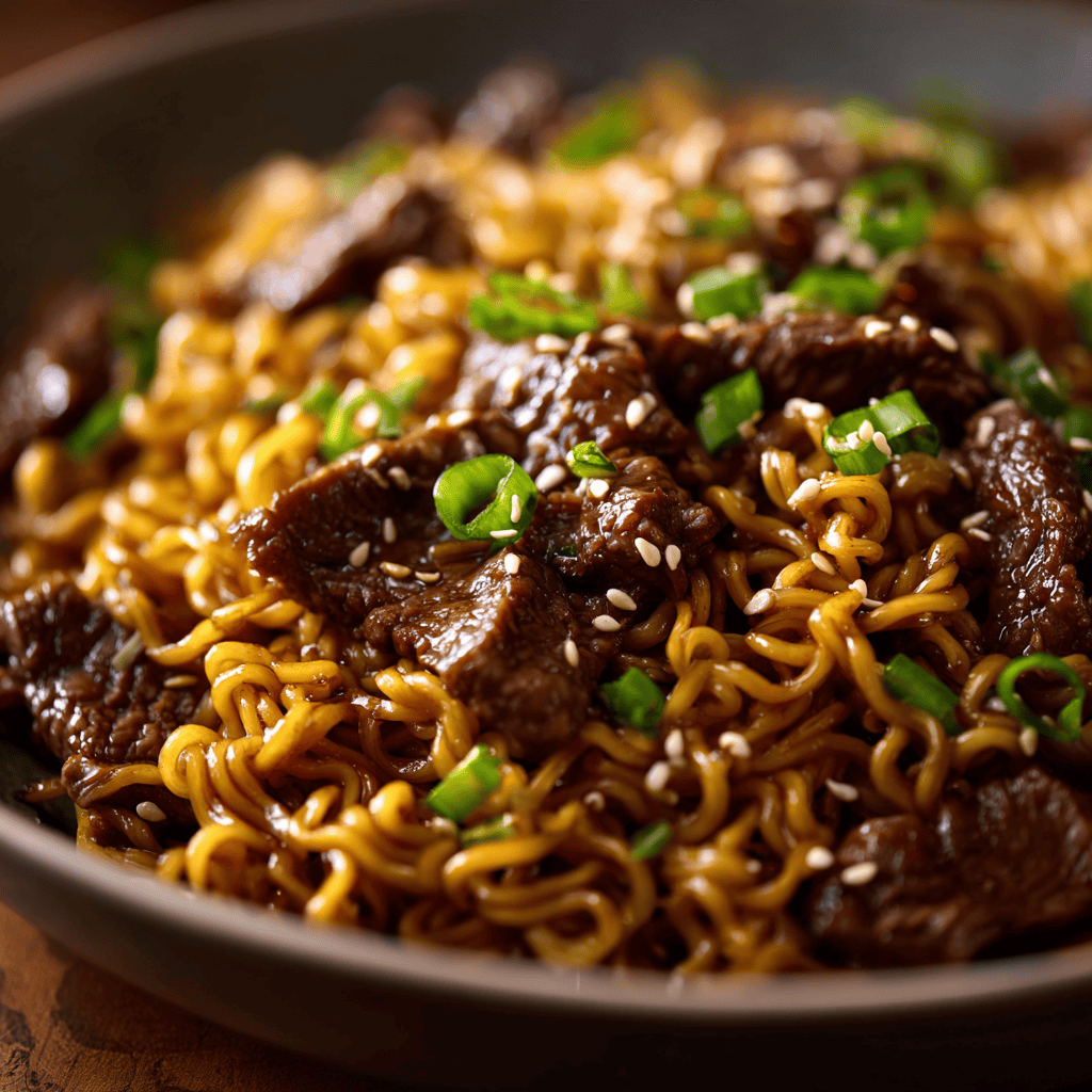 Slow Cooker Beef Ramen Noodles: Tender, Flavor-Packed Comfort 3 Macro close-up of saucy Beef Ramen Noodles with beef, sesame seeds, and fresh green onions.