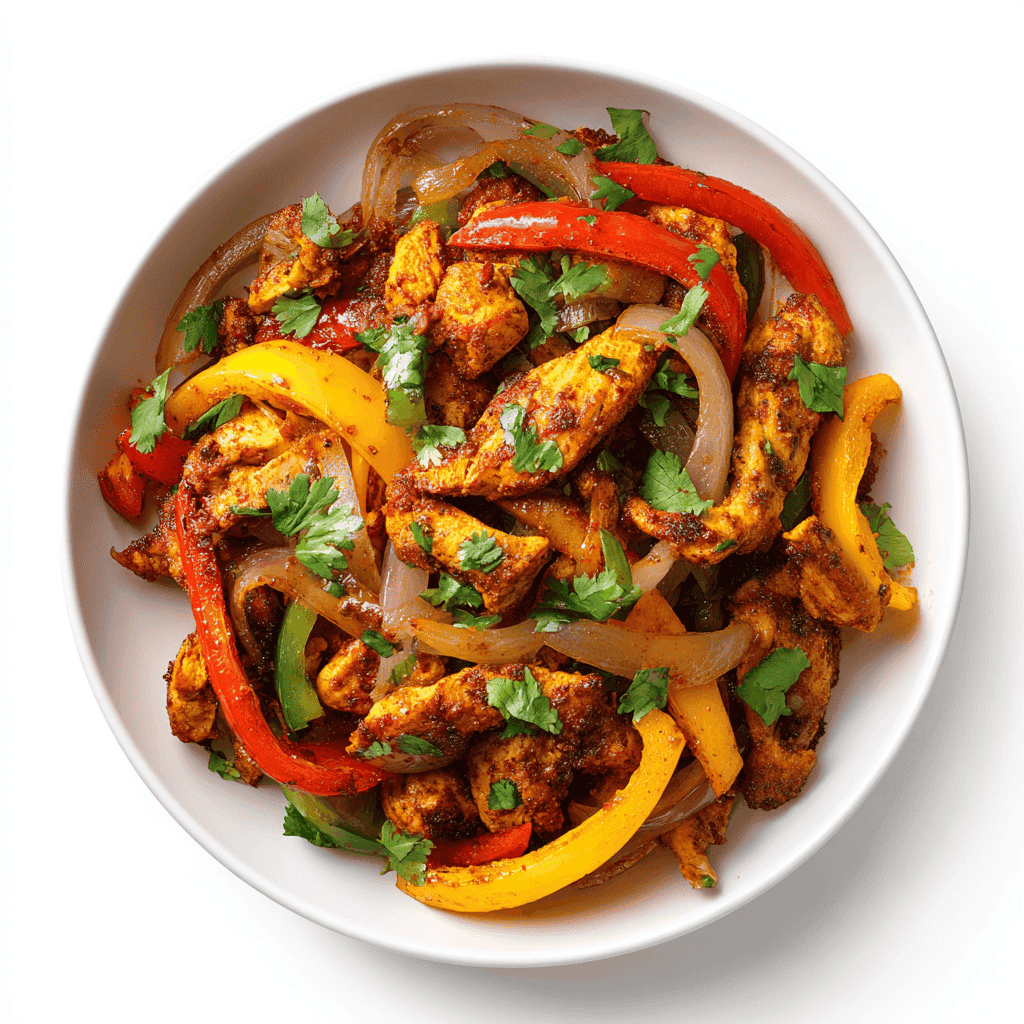 Slow cooker chicken fajitas isolated on white background with colorful peppers and onions.