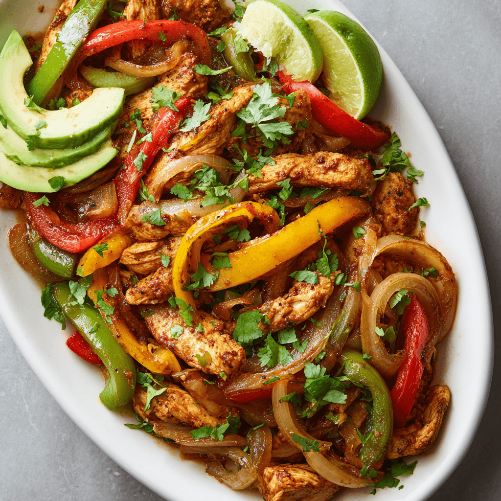 Slow cooker chicken fajitas with peppers, onions, and avocado on a white platter.