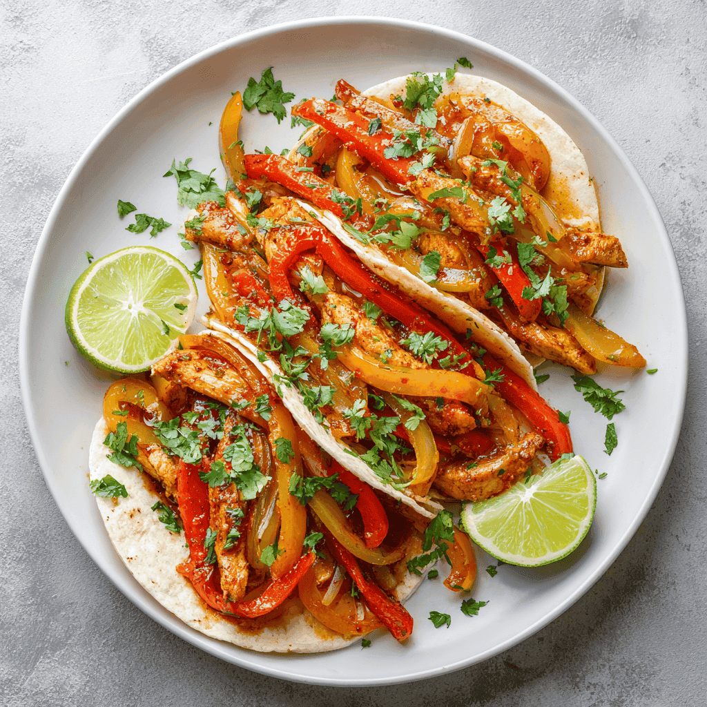 Chicken fajitas served on a white plate with bell peppers, onions, and lime garnish.