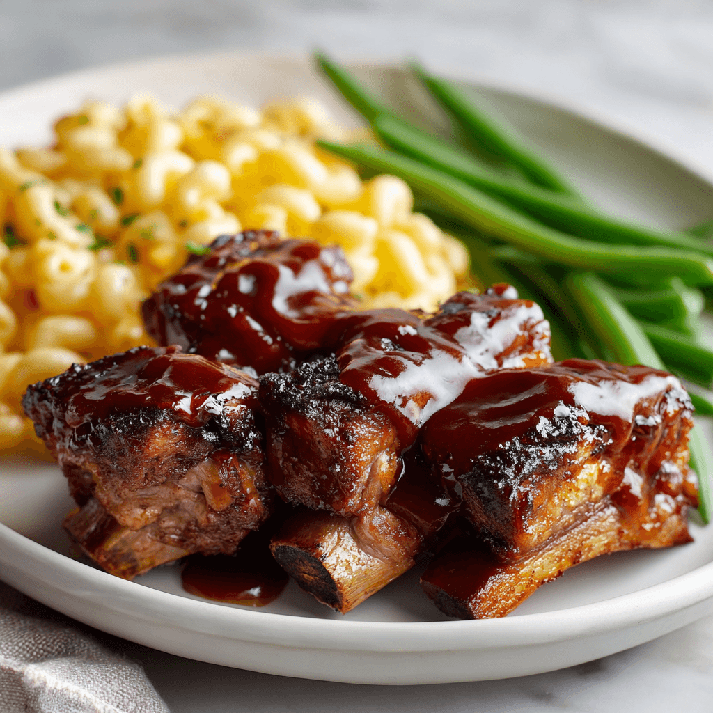White plate with barbecue country style ribs, creamy mac and cheese, and green beans in soft natural light.