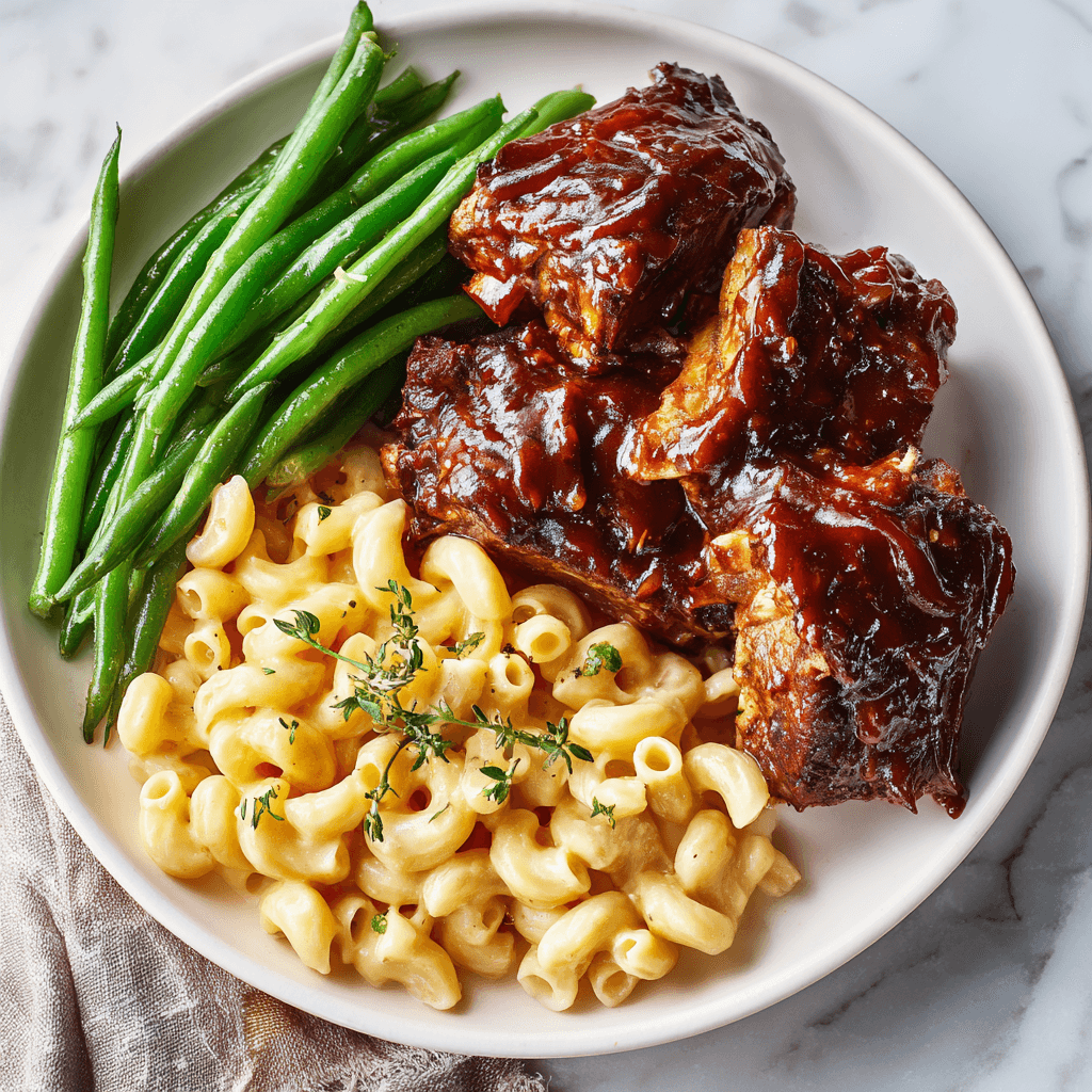 Close-up of barbecue glazed country style ribs with macaroni and cheese and green beans on a white plate.