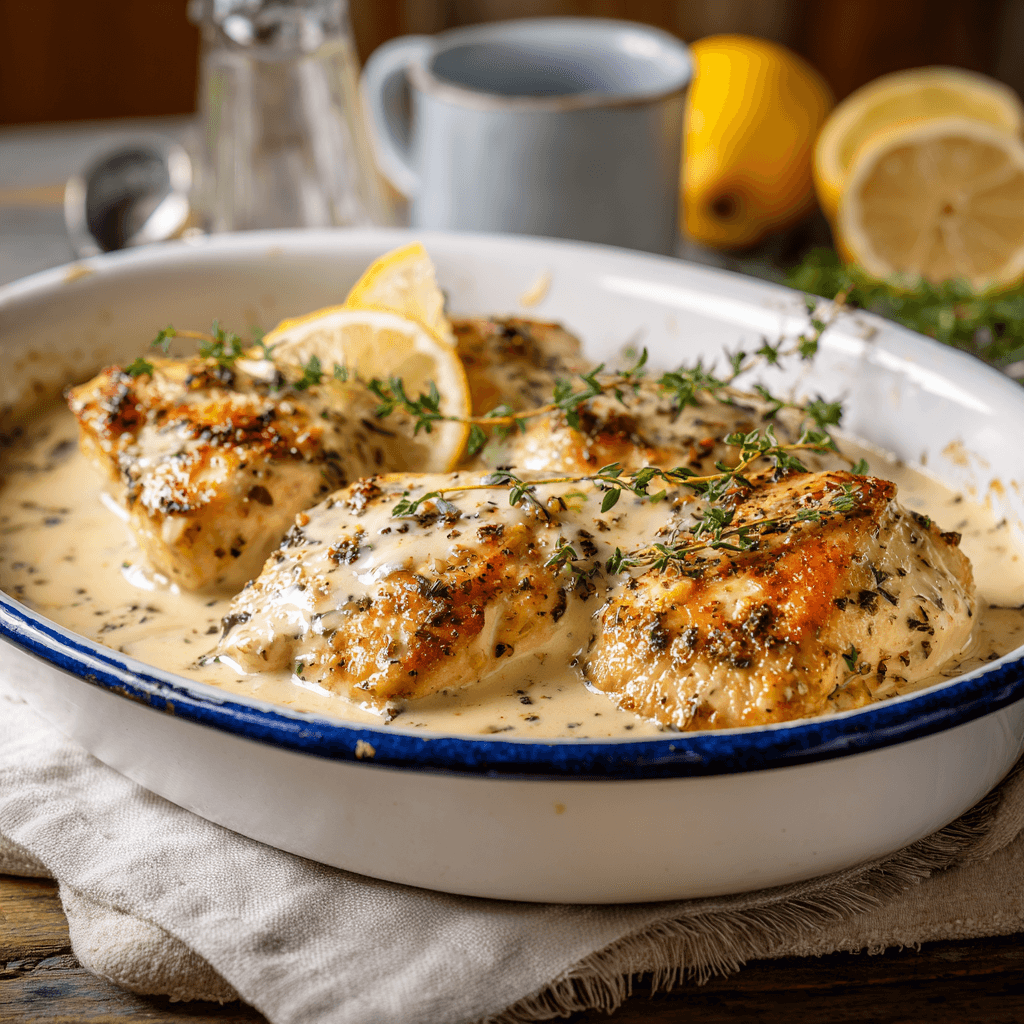 Slow cooker creamy lemon herb chicken in white enamel dish with rich sauce and thyme.