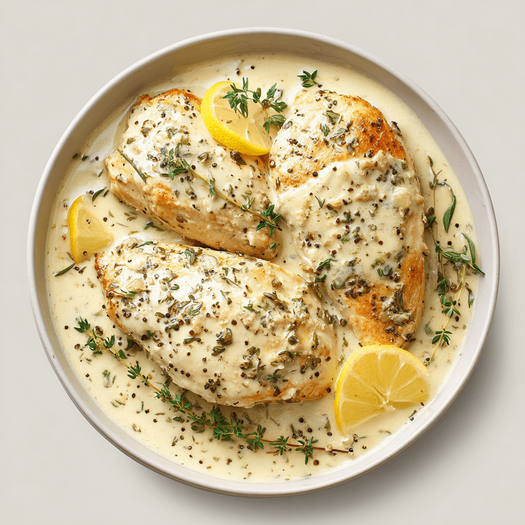 Creamy lemon herb chicken served on a white plate with lemon sauce and thyme garnish.