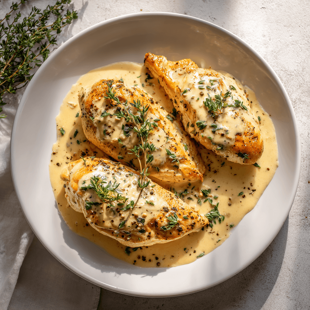 Creamy lemon herb chicken served on a white plate