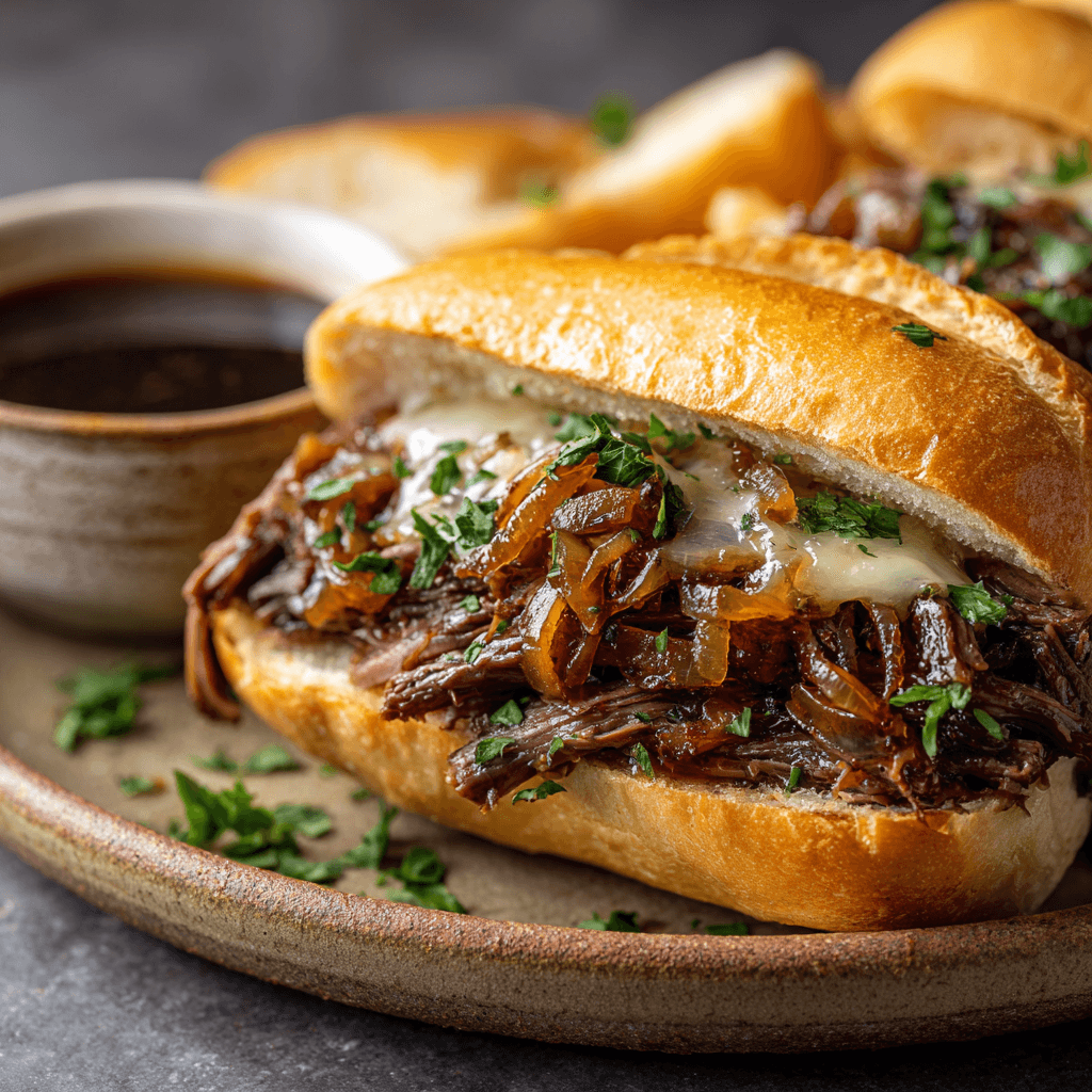 Close-up of a French dip sandwich with melted cheese, caramelized onions, and beef on a crusty roll beside au jus sauce.