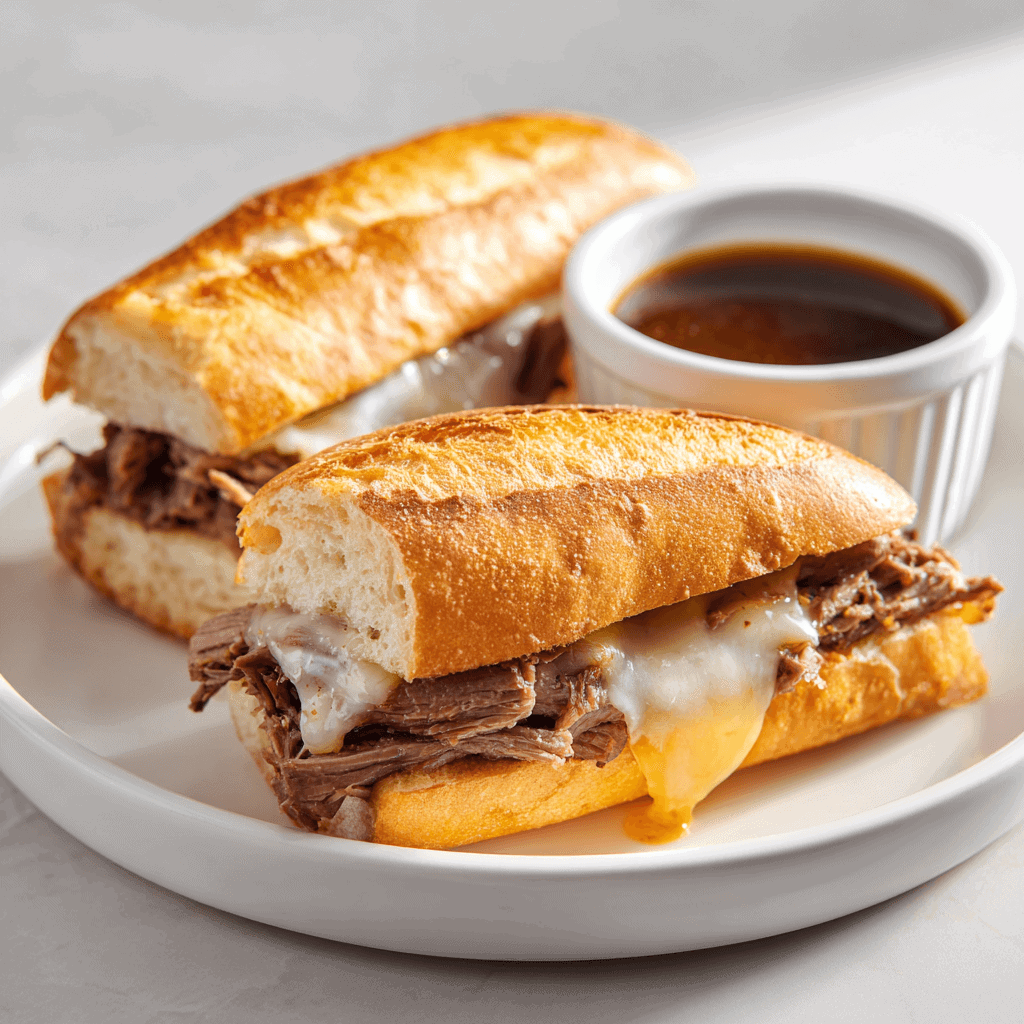 White plate with sliced French dip sandwich showing tender beef and melted cheese beside a cup of au jus.