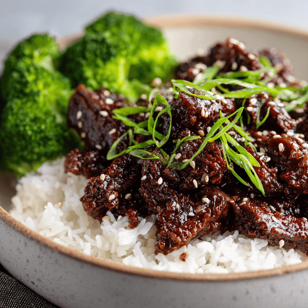 Close-up bowl of Slow Cooker Korean Beef with rice, broccoli, sesame seeds, and green onions.