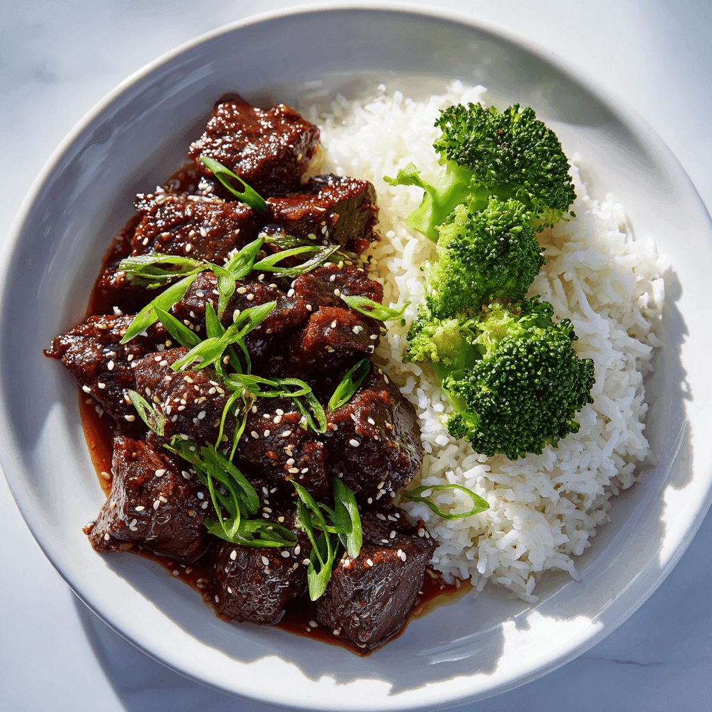 Slow Cooker Korean Beef, rice, and broccoli neatly arranged on a white plate with sesame seeds and green onions.
