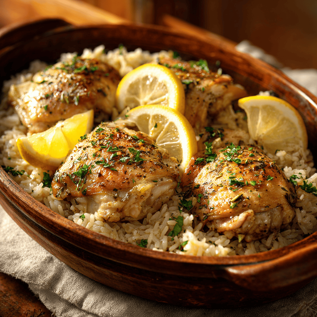 Slow Cooker Lemon Herb Chicken and Rice: Easy Flavorful Dinner 4 Close-up of lemon herb chicken thighs with fluffy rice and lemon slices in a rustic dish.