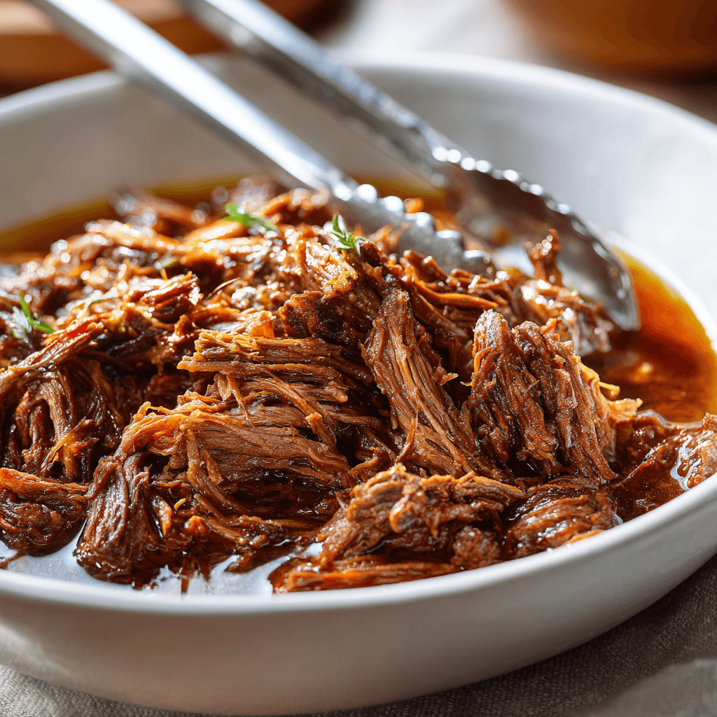 Close-up of slow cooker shredded beef in a white bowl with silver tongs and rich broth.
