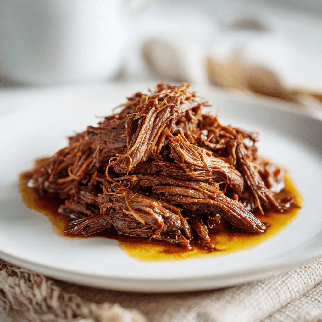 White plate with tender shredded beef drizzled with juices in natural light.