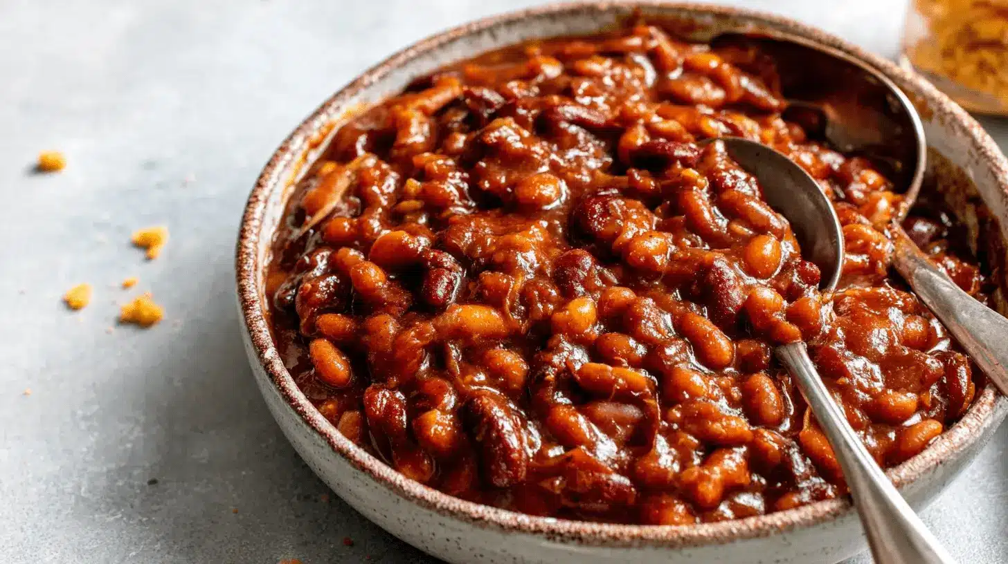 A rustic bowl overflowing with hearty Slow Cooker Baked Beans, featuring a mix of beans in a rich, glossy sauce, served with spoons on a textured surface with scattered crumbs.