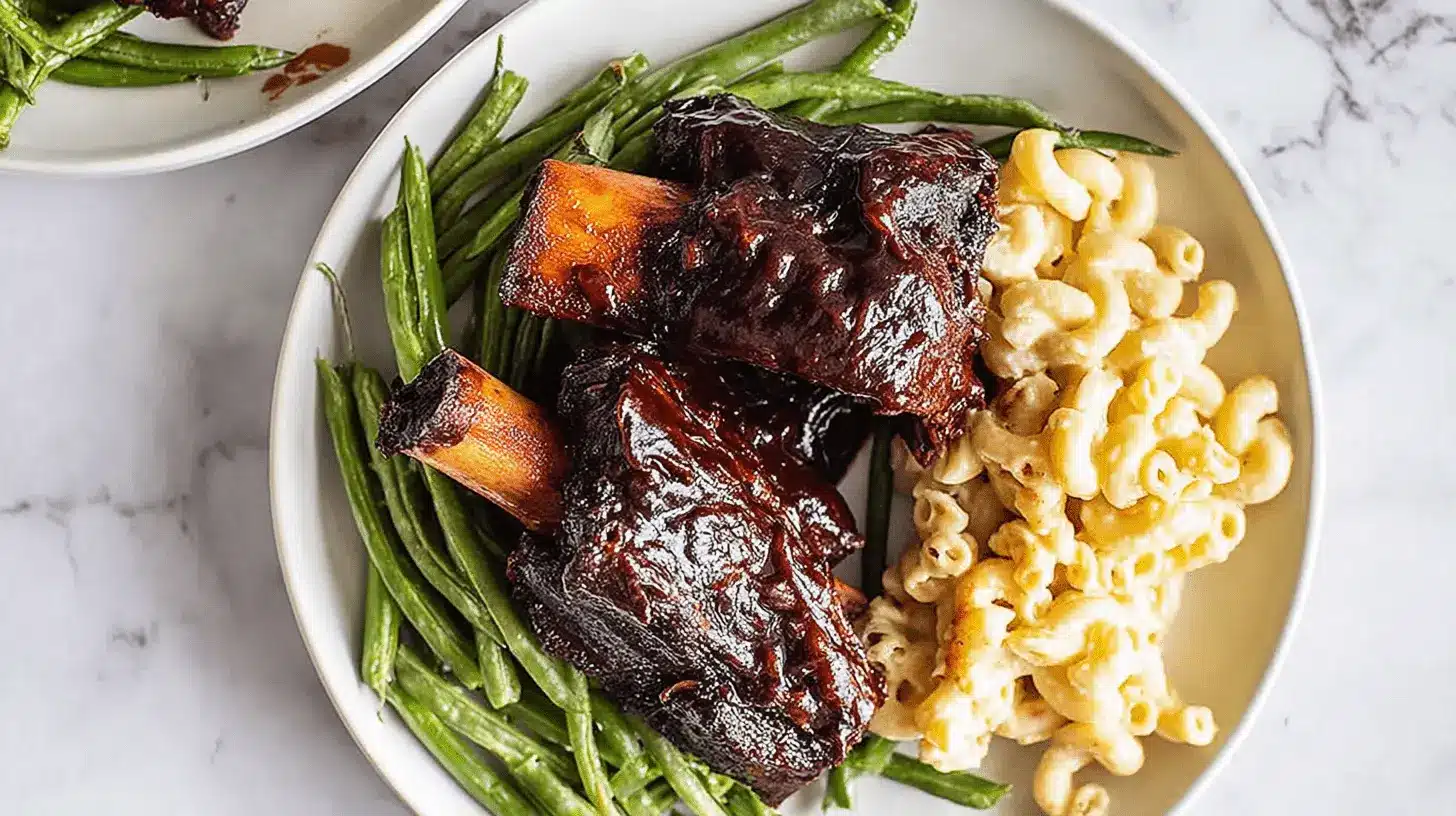 Hearty slow cooker beef ribs with green beans and creamy macaroni and cheese on a white marble surface.