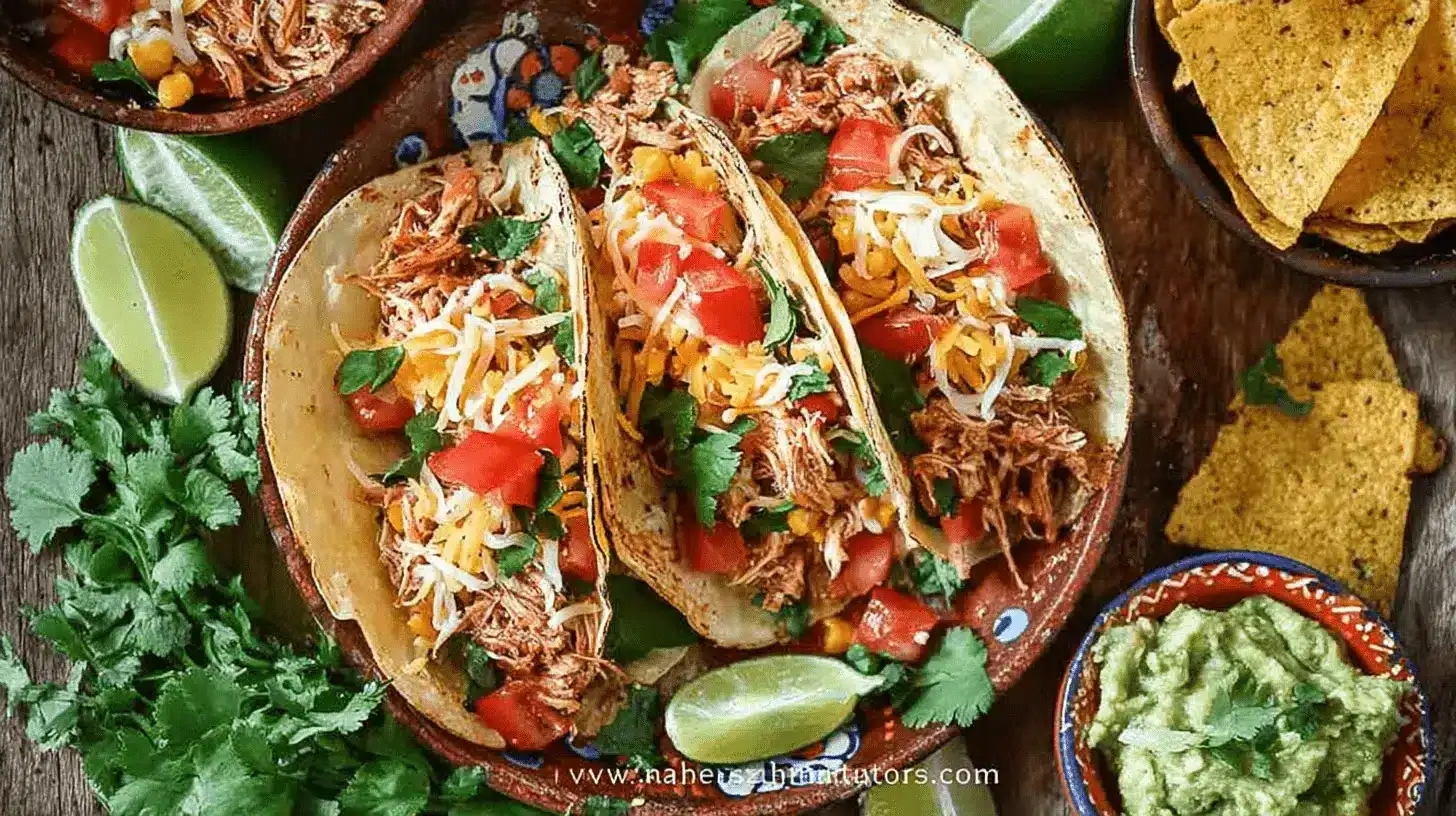 The Best Easy Slow Cooker Chicken Tacos 4 Vibrant platter of three generously filled Slow Cooker Chicken Tacos with shredded chicken, corn, tomatoes, cheese, and cilantro, alongside guacamole, tortilla chips, and lime wedges on a rustic wooden table.