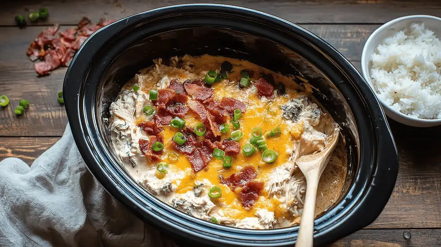 Slow Cooker Crack Chicken: The Ultimate Creamy, Cheesy Delight 3 Slow Cooker crack chicken with melted cheese, crispy bacon bits, and green onions, served in an oval black slow cooker on a rustic wooden surface.