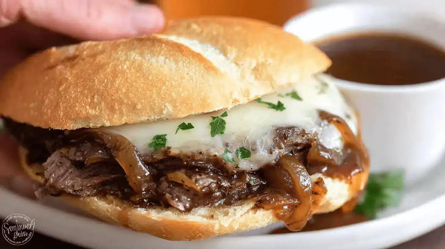 A delicious slow cooker french dip sandwich, piled high with tender beef, melted cheese, and caramelized onions, served with a side of au jus.