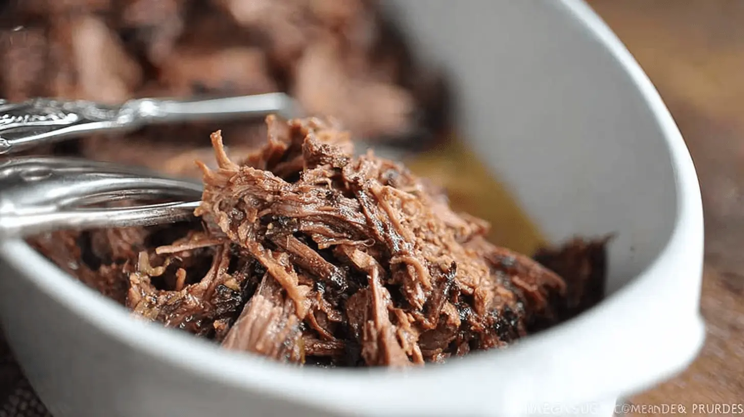 Close-up of tender slow cooker shredded beef in a white serving dish with forks.