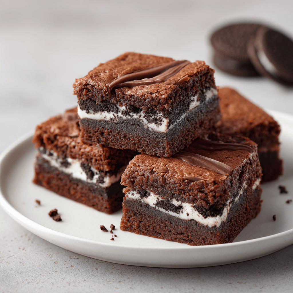 Single slutty brownie slice on a white plate, showing cookie dough, Oreo, and brownie layers in soft natural lighting.