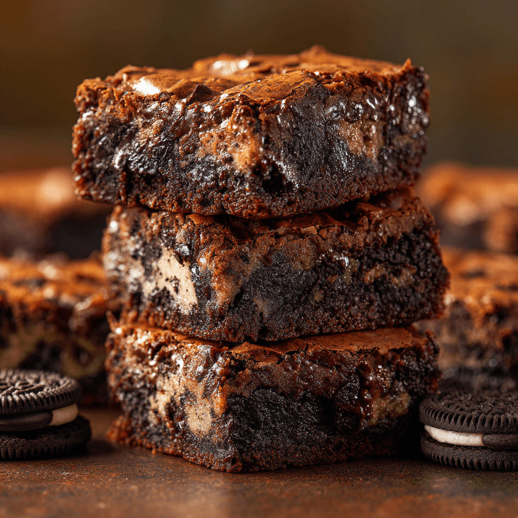 Overhead view of sliced slutty brownies showing layers of cookie dough, Oreo cookie, and fudgy brownie with a glossy crackled top.