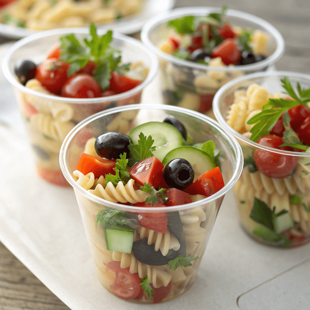 Close-up of vibrant pasta salad cups filled with rotini, tomatoes, cucumbers, and olives in bright natural lighting.
