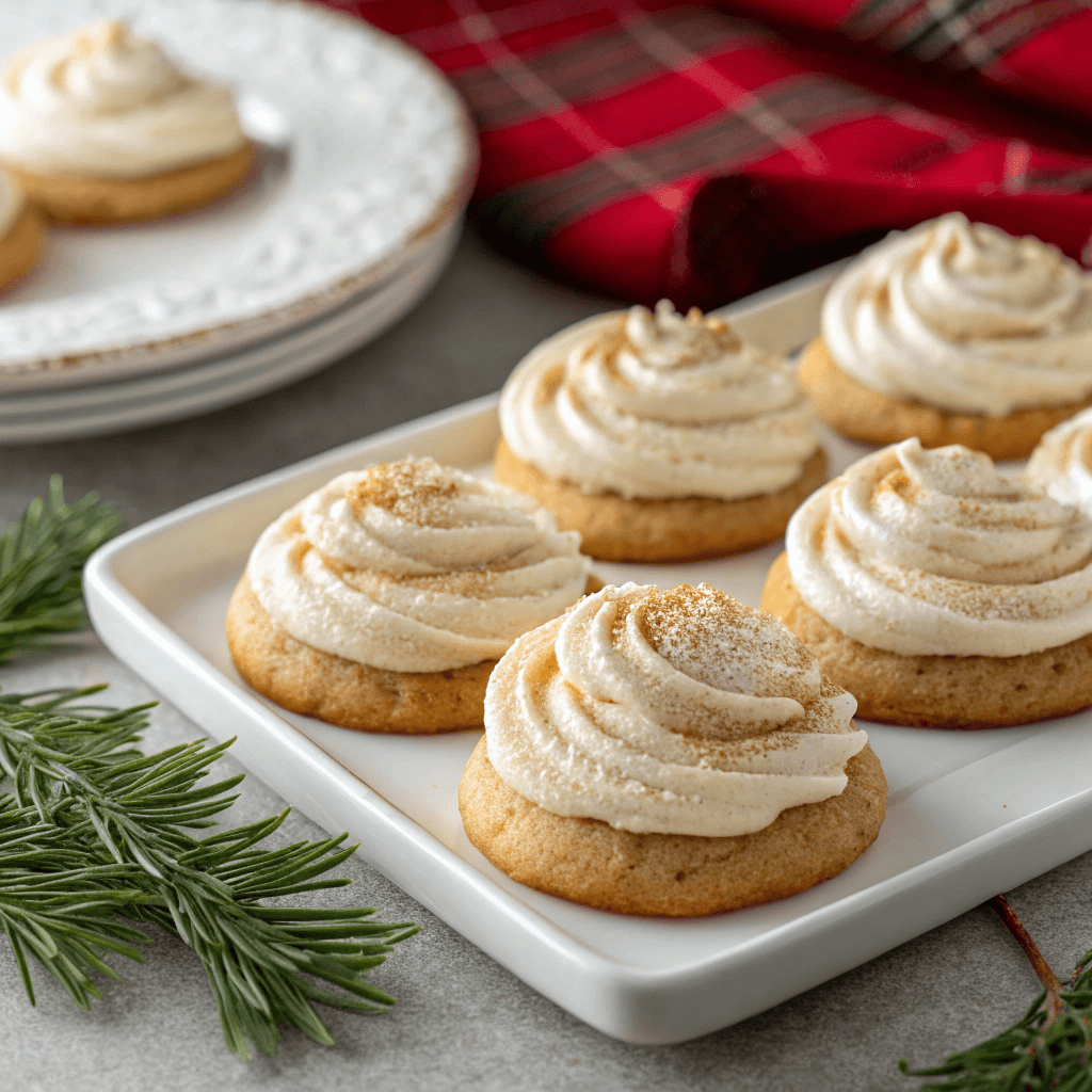 Close-up of eggnog cookies topped with cream cheese frosting and nutmeg on a white plate with warm holiday styling.