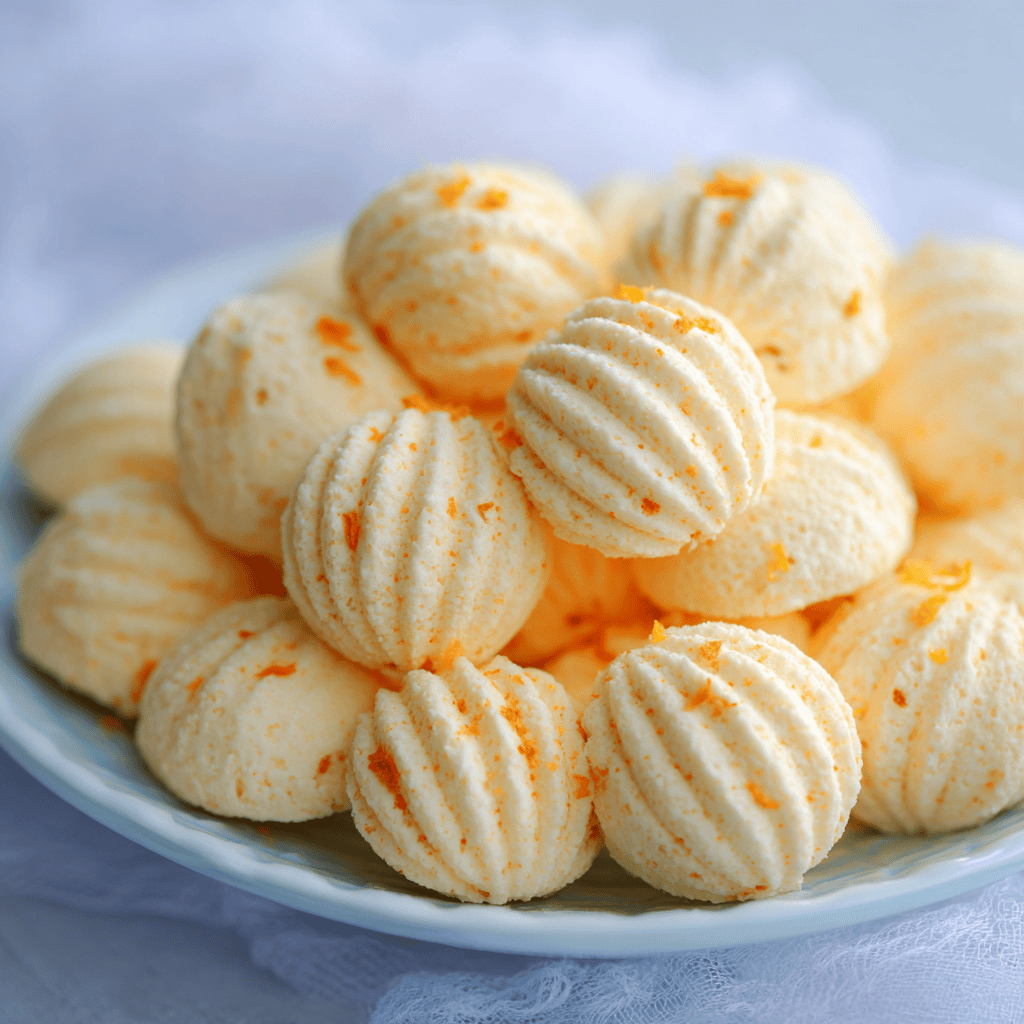 Bowl of soft orange cream cheese mints with fork-pressed tops and pastel coloring.