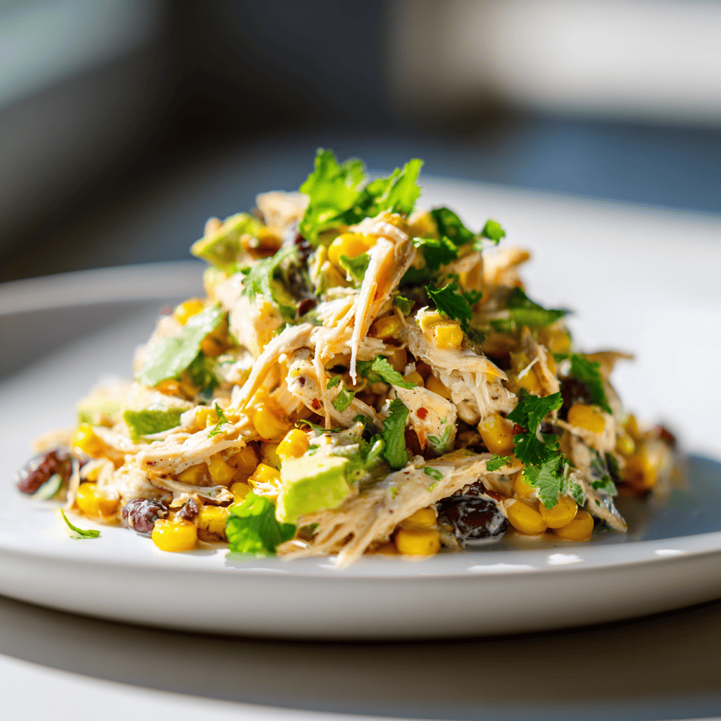 Plated serving of Southwest chicken salad on a white plate with colorful vegetables and creamy dressing.