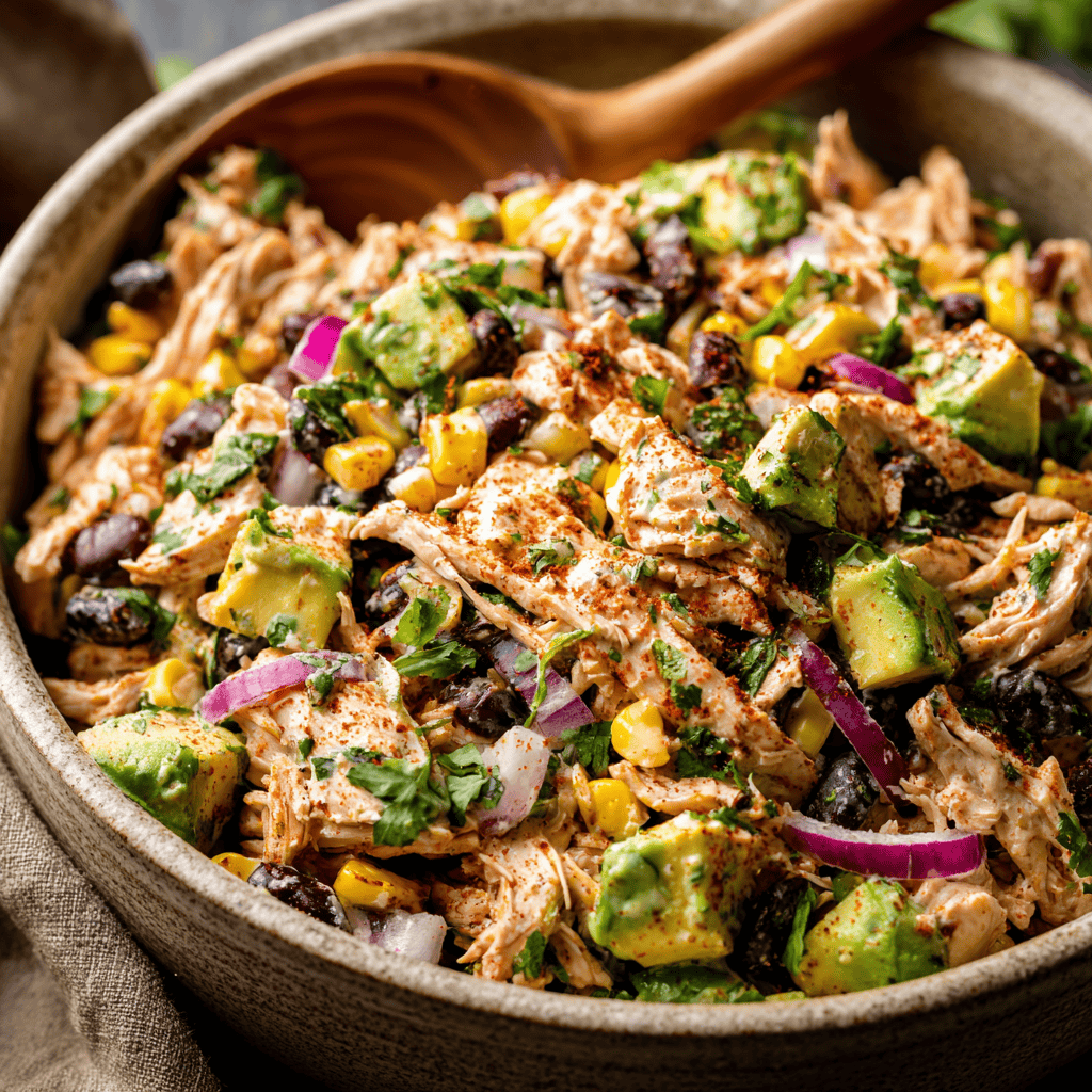 Close-up of perfectly mixed Southwest chicken salad with creamy dressing, spices, and colorful ingredients.