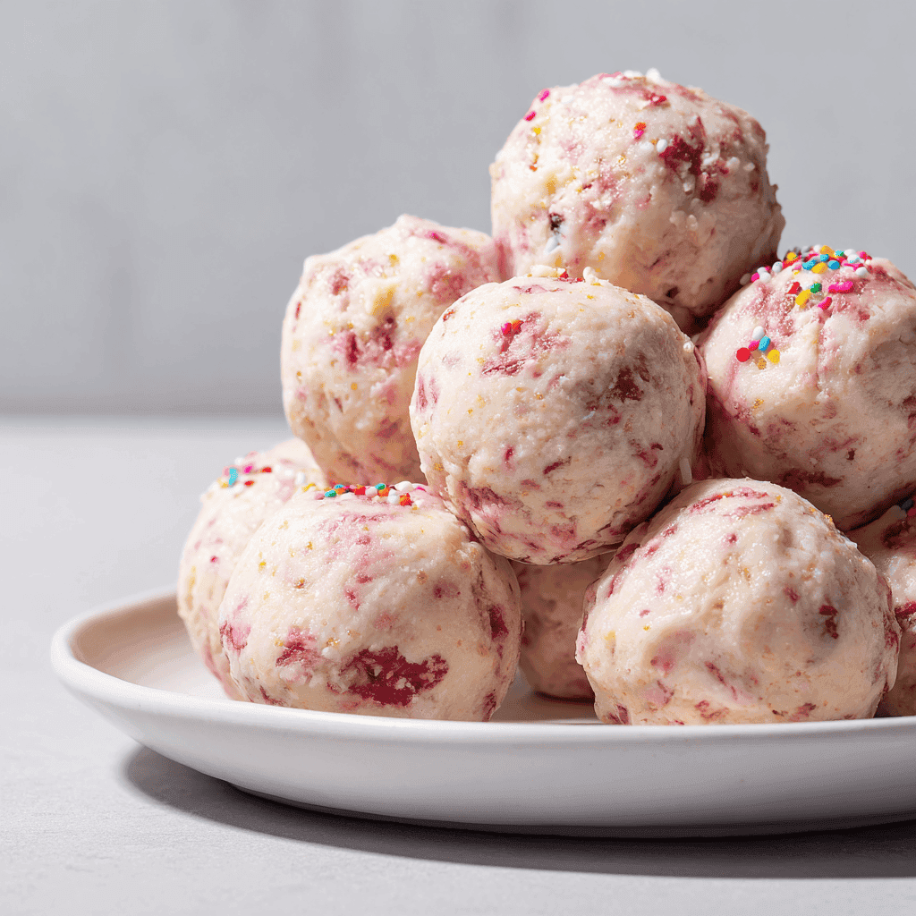Plated strawberry cheesecake protein balls arranged neatly on a white plate with visible strawberry pieces.