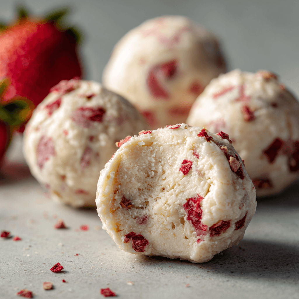 Close-up of perfectly textured strawberry cheesecake protein balls with visible strawberry chunks and creamy interior.