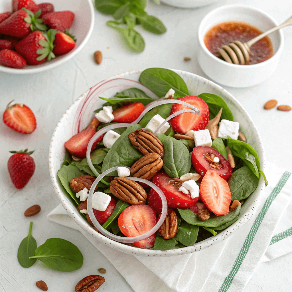 Best Ever Strawberry Spinach Salad with Poppy Seed Dressing 1 Close-up view of strawberry spinach salad featuring feta, pecans, and onions.