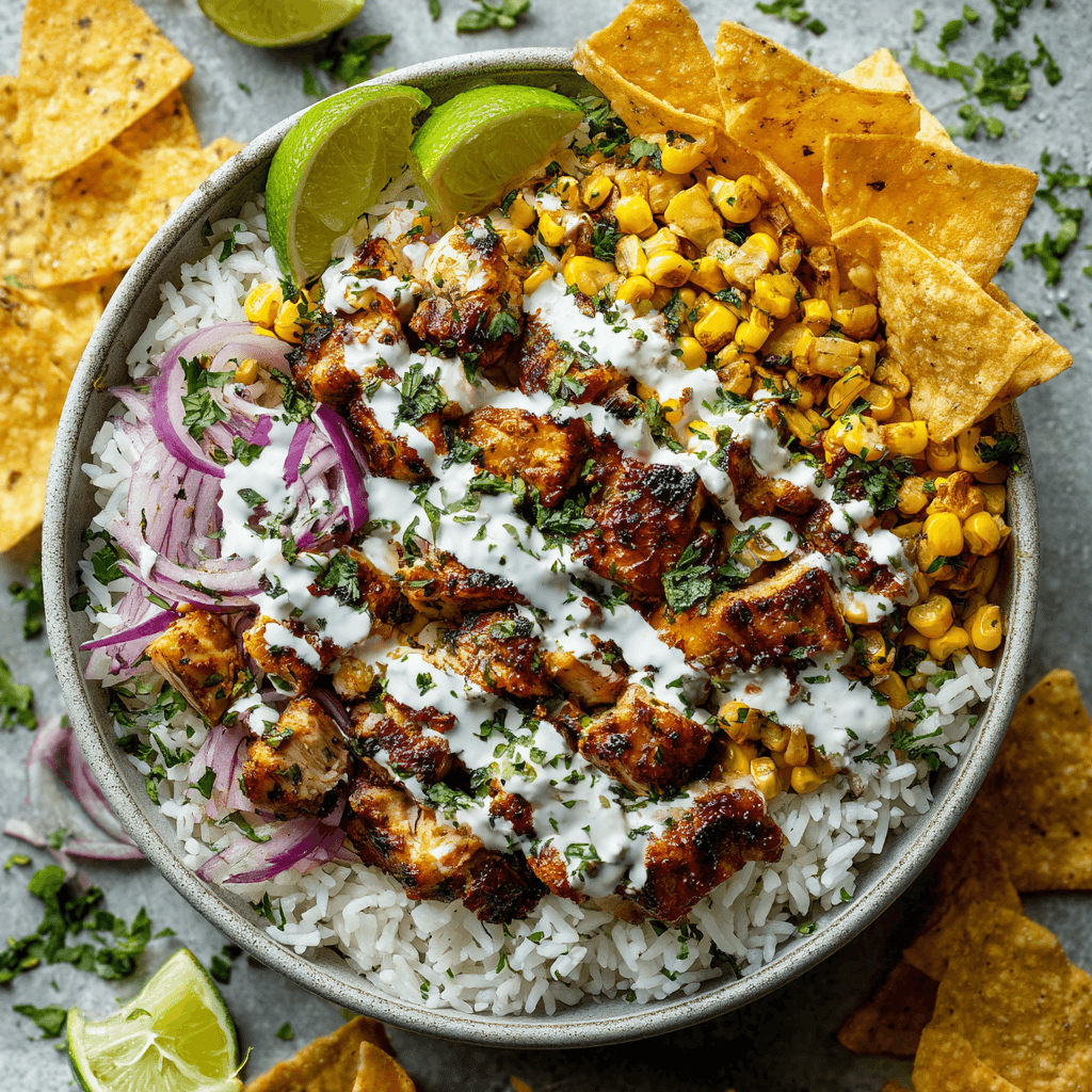 Vibrant street corn chicken rice bowl with creamy drizzle and lime wedge