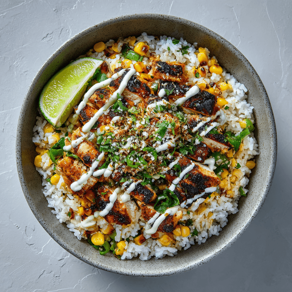 Street Corn Chicken Rice Bowl Recipe: Zesty & Healthy 2 Street corn chicken rice bowl with grilled chicken, corn, and cilantro on a white bowl.