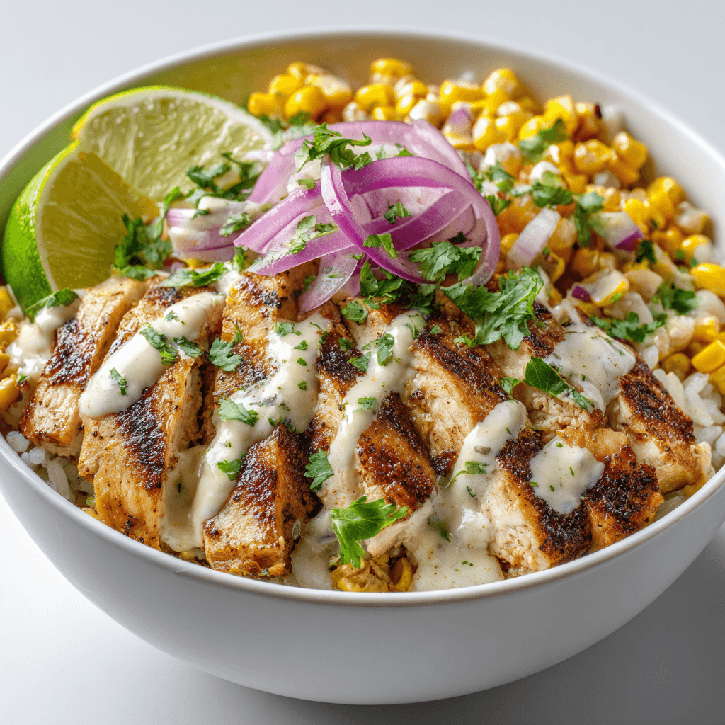 Street Corn Chicken Rice Bowl Recipe: Zesty & Healthy 1 Grilled street corn chicken rice bowl with lime wedges, cilantro, and creamy drizzle.