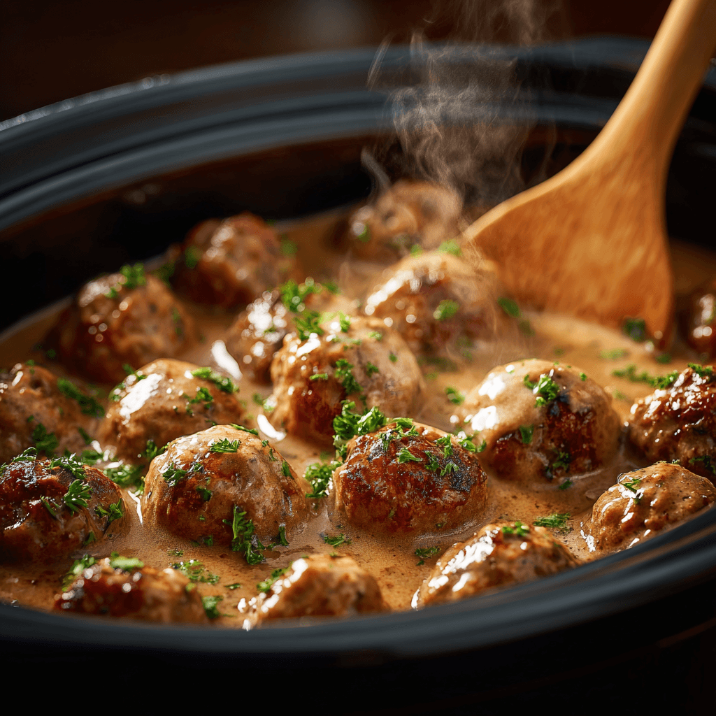 Close-up of Swedish meatballs simmering in creamy brown gravy with a wooden spoon in a crockpot.