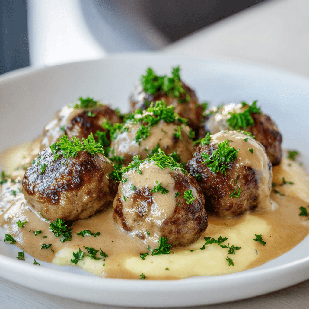 White plate with Swedish meatballs topped with creamy brown gravy and parsley garnish in natural light.