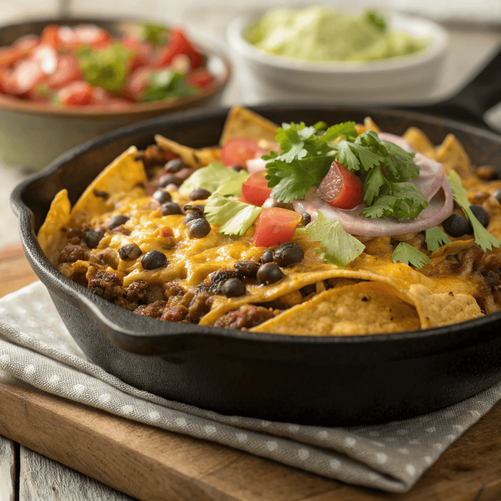 Close-up skillet of cheesy taco casserole with beef, beans, chips, and fresh toppings.