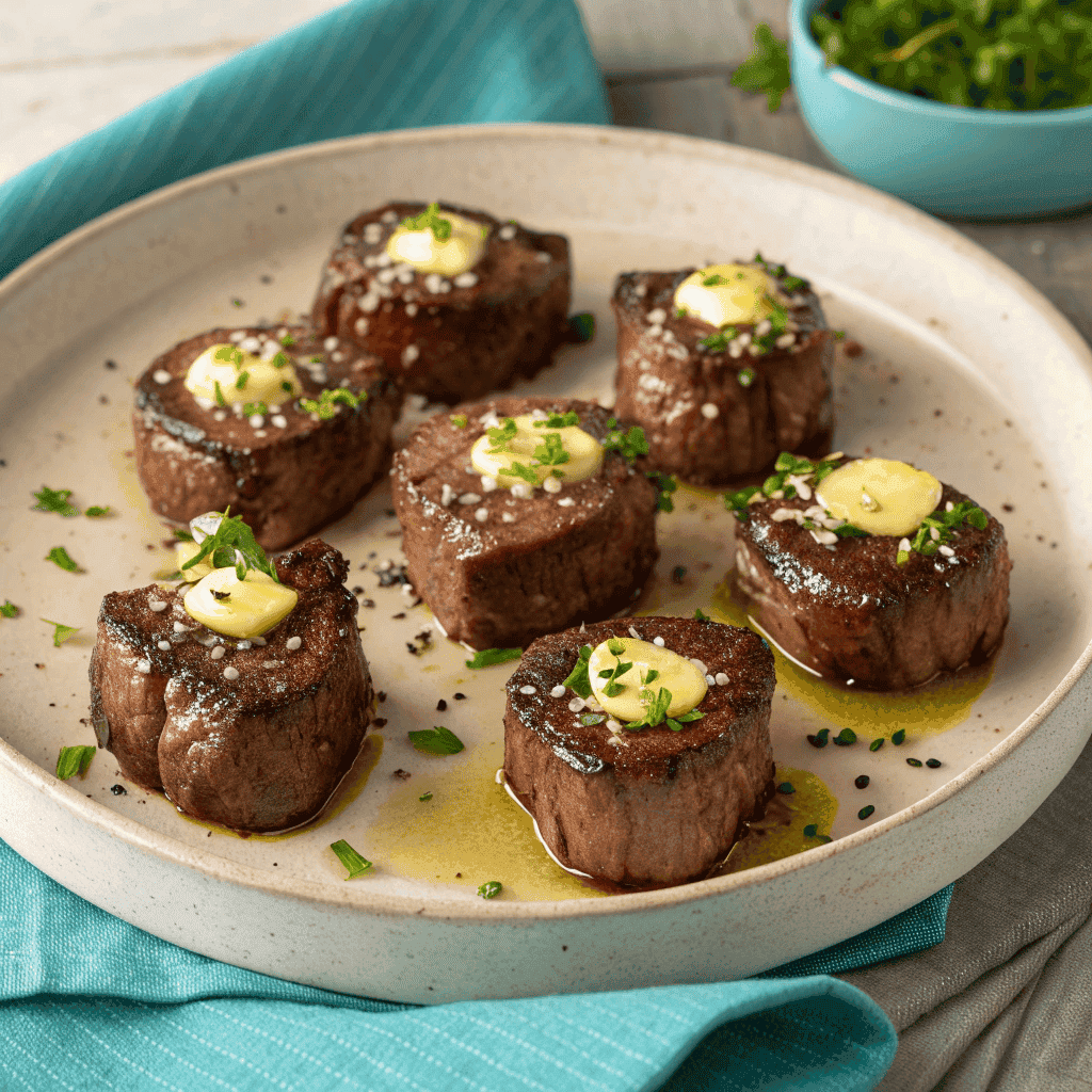 Easy Garlic Butter Steak Bites: Your Go-To Weeknight Meal 2 Garlic butter steak bites on a ceramic plate topped with parsley and sesame seeds.