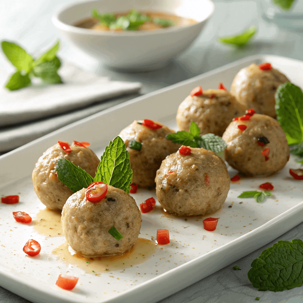 Thai chicken meatballs garnished with mint and chili served on a white plate with bright natural lighting.