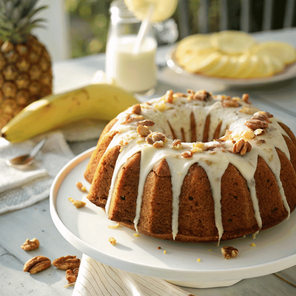 The Best Hummingbird Bundt Cake Recipe 1 Bundt cake with cream cheese glaze dripping down the sides and pecans on top, styled like the reference photo.