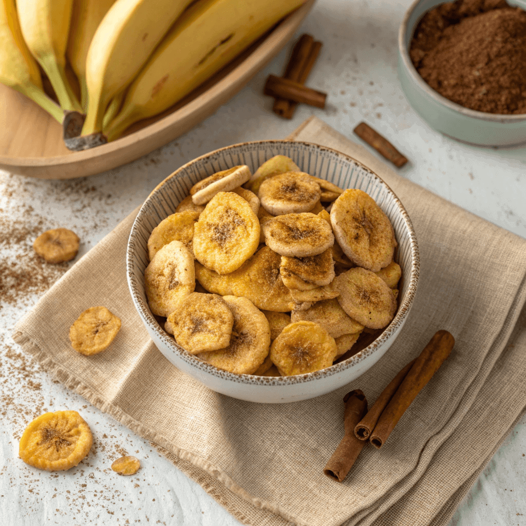 Full serving dish of cinnamon banana chips made in the air fryer.
