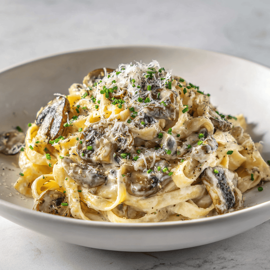 Creamy truffle mushroom fettuccine served on a white plate with mushrooms, parmesan, and chives.