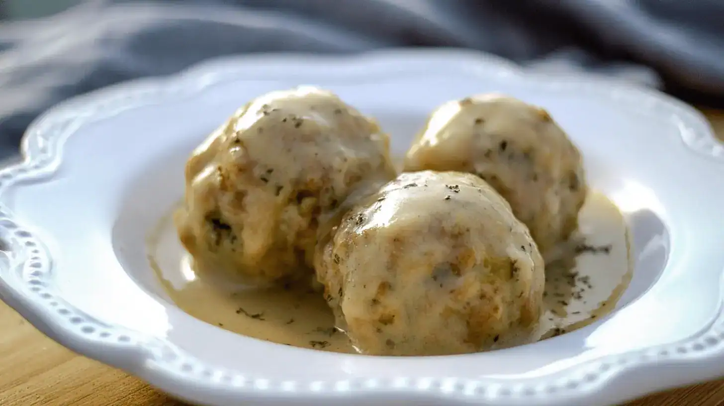 Close-up of three appetizing Turkey stuffing Balls generously coated in a creamy sauce, served on an elegant white plate.