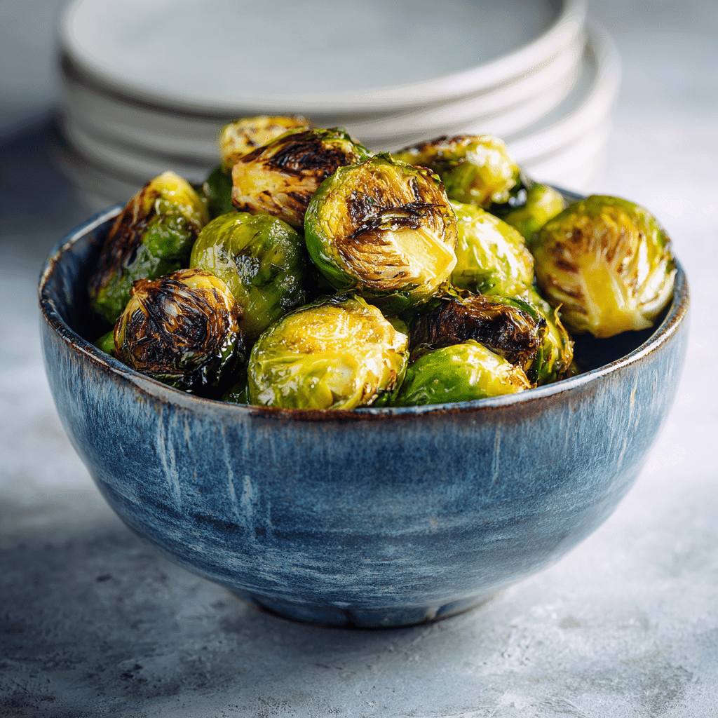 Crispy Air Fryer Brussels Sprouts - Best Brussels Ever ! 1 A beautifully composed hero shot of golden-brown air fryer Brussels sprouts served in a rustic blue ceramic bowl on a light textured surface