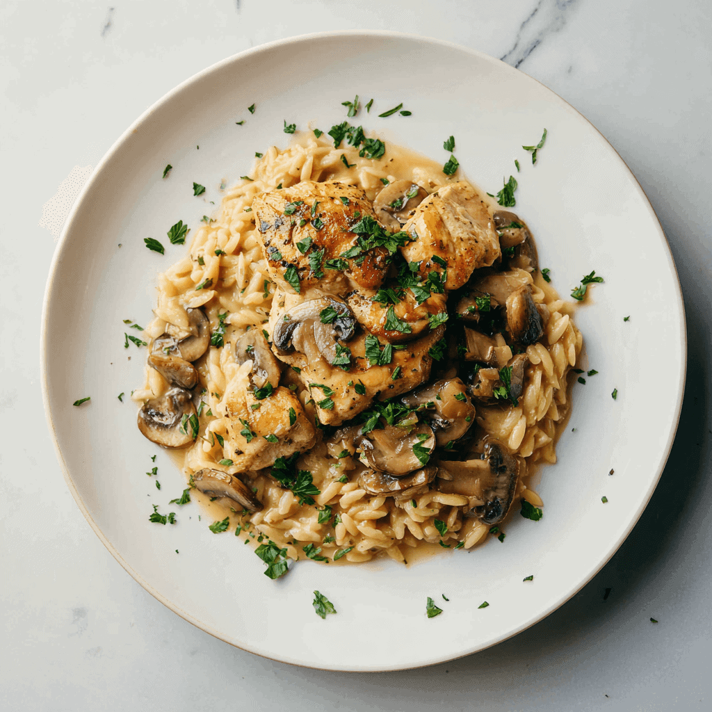 A beautifully plated serving of one-pot Marsala chicken orzo on a clean white plate, centered and styled with perfectly arranged pieces of chicken, sautéed mushrooms, and creamy orzo