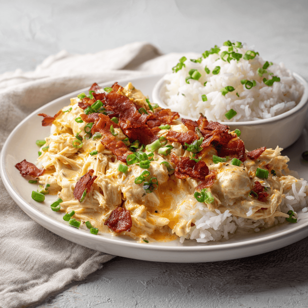 Slow Cooker Crack Chicken: The Ultimate Creamy, Cheesy Delight 2 A serving of creamy crack chicken with melted cheese, bacon, and green onions on a white plate with rice.